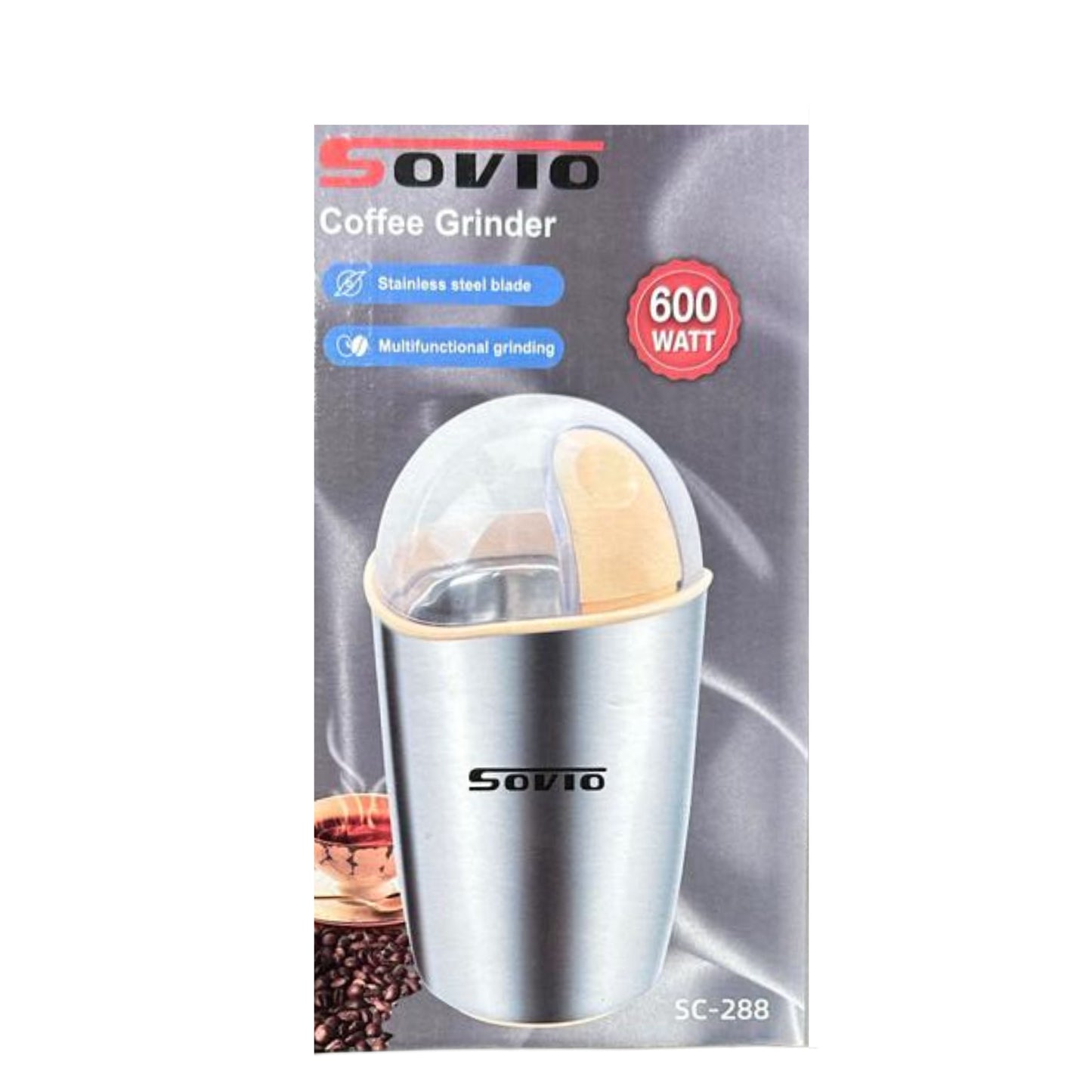 SOVIO Grinder Stainless Steel 600 Watt transparent lid - 85g coffe bean capacity