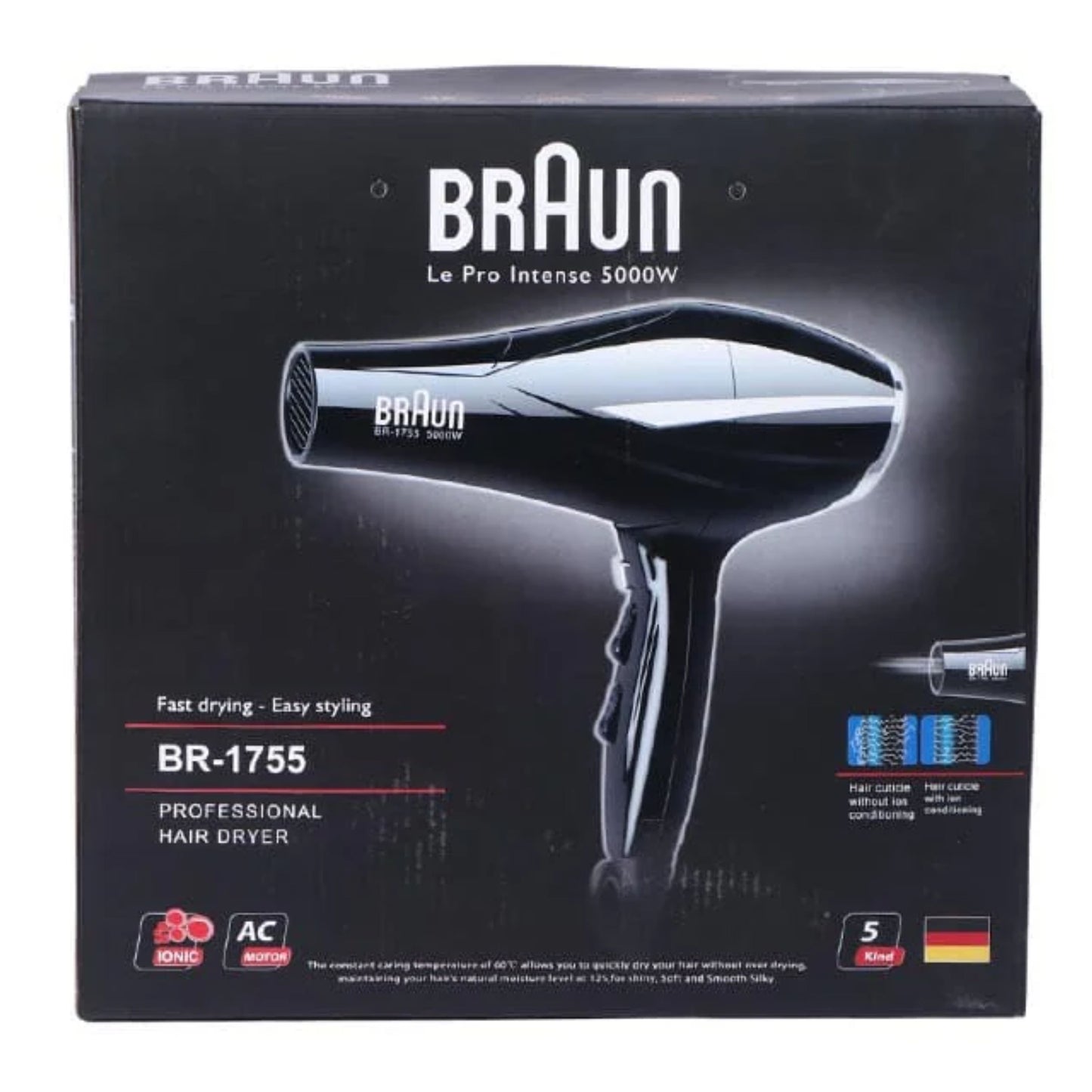 Braun Hair Dryer  5000W drying power - 2200W consumption , 3 Heats, 2 Speed