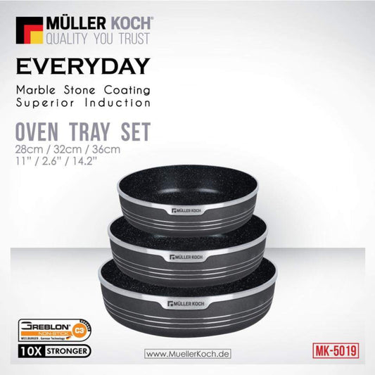 Müller Kitchen Baking Tray Set (Marble Cladding, for Induction) 3 PIECE MULTIPURPOSE TRAY SET: 28cm , 32cm , 36cm