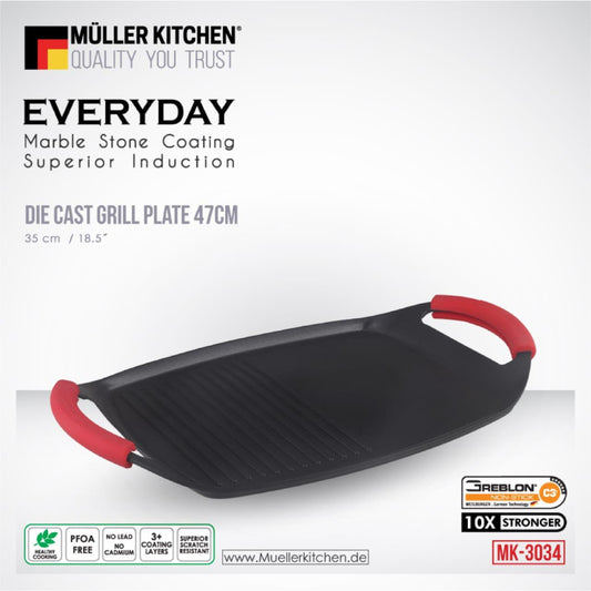 Müller Kitchen 47cm Grill plate barbecue, Griddle Pan with handles, Stove top Griddle (Nonstick Marble Granite Coating, Die-Cast Aluminum Build, Induction)