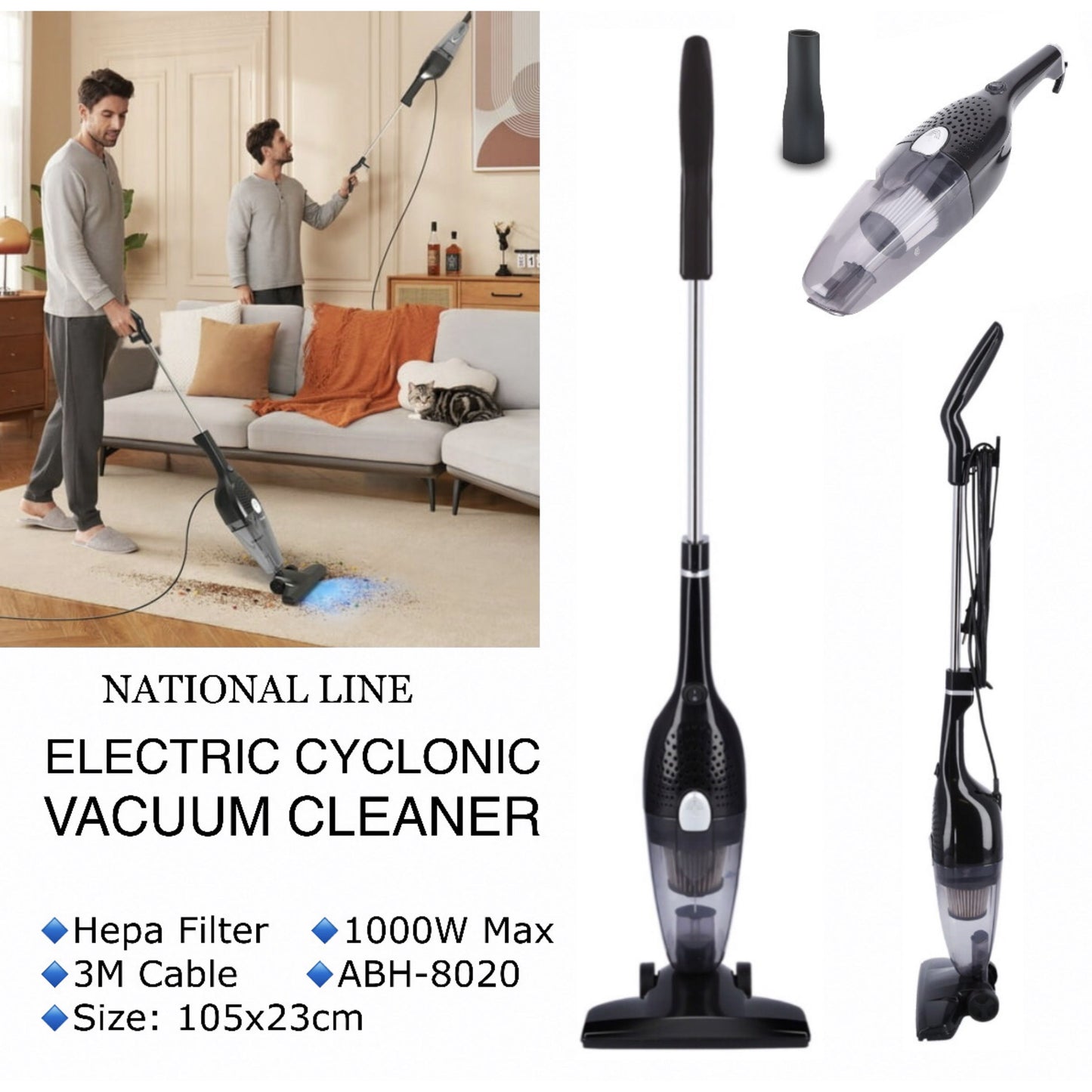 National Line – Electronic Cyclonic Vacuum Cleaner Corded Hepa Filer 1000W, 3M Cable Size