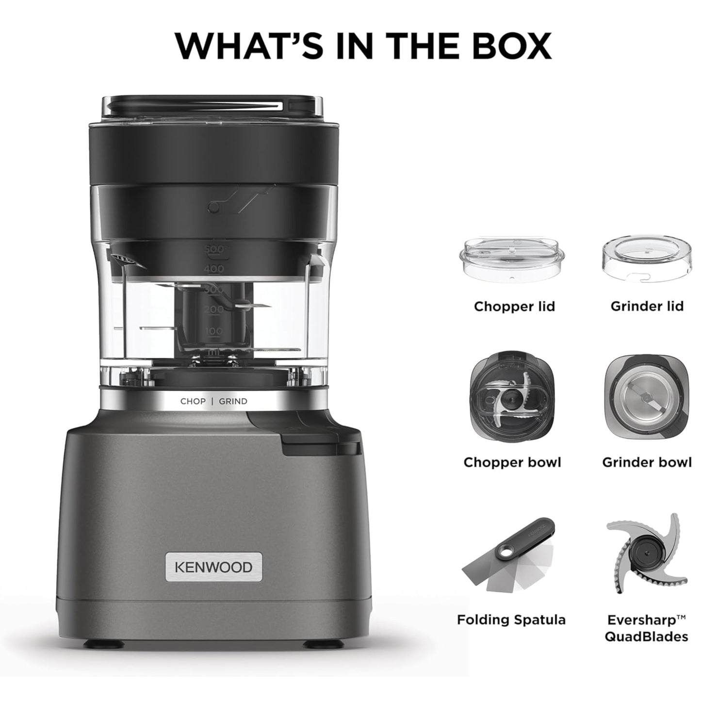 KENWOOD 2-in-1 Chopper + Grinder 800W Powerful Metal Grinder and Electric Chopper with Eversharp Quadblades, Dripper Pro, Spatula for Wet Chopping & Dry Grinding  Grey