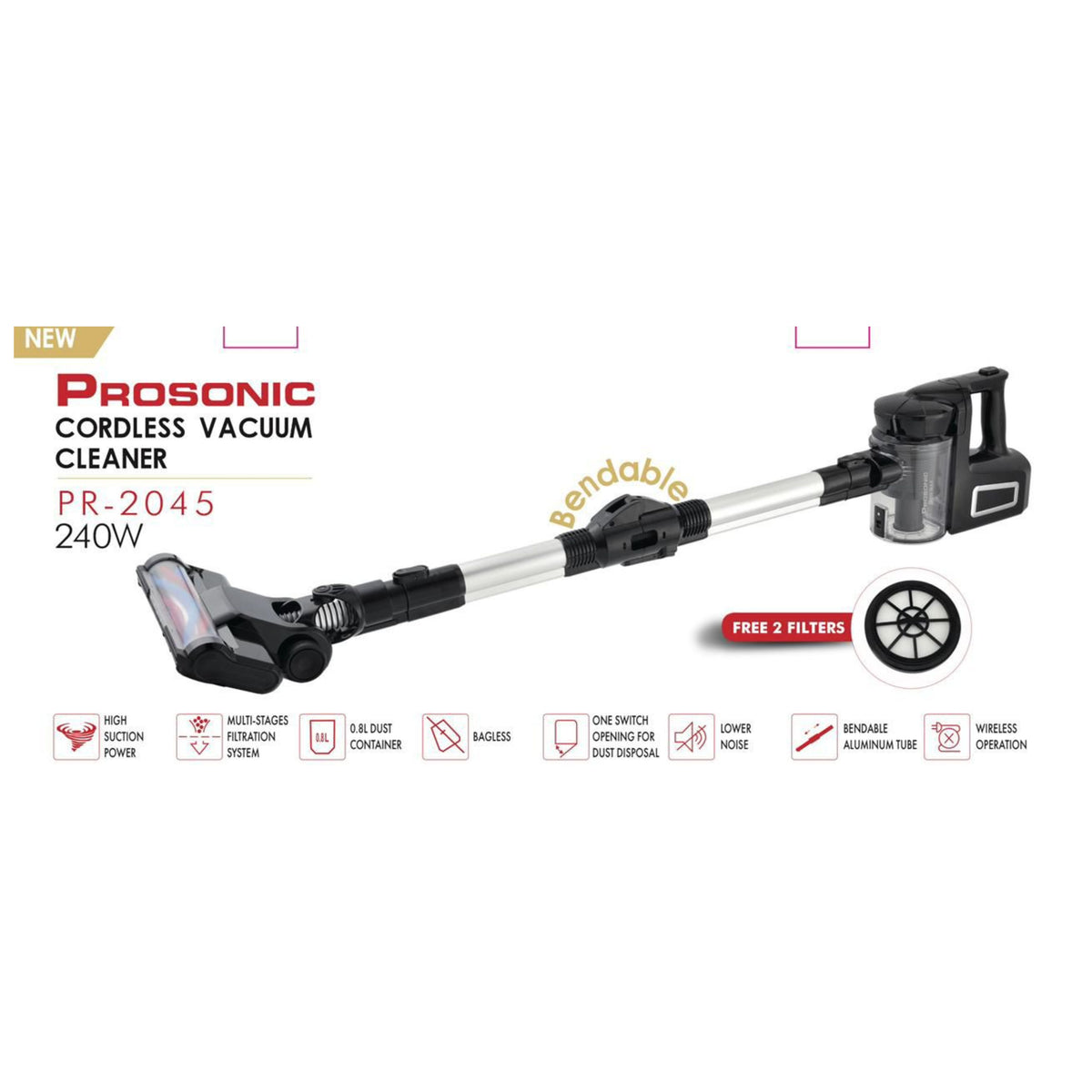 Prosonic rechargeable bendable vacuum cleaner - 240W