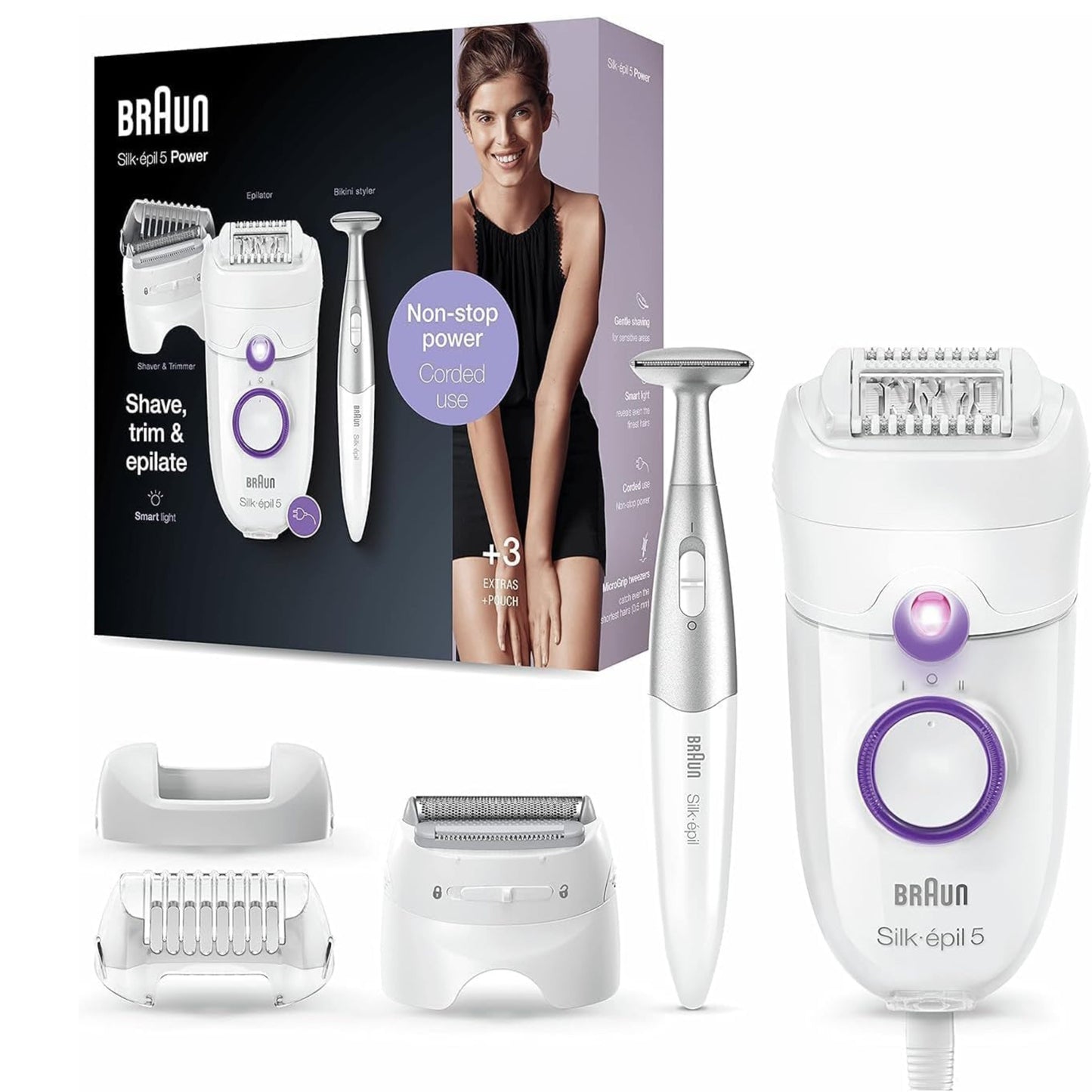 Braun Silk-épil 5-825 Power Women's Electric Epilator, Soft Hair Removal, Shaving Head, Trimming Cap and Profile Bikini Zone, White/Purple – International Warranty – SE5825