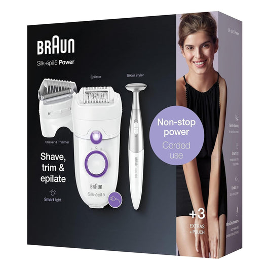Braun Silk-épil 5-825 Power Women's Electric Epilator, Soft Hair Removal, Shaving Head, Trimming Cap and Profile Bikini Zone, White/Purple – International Warranty – SE5825