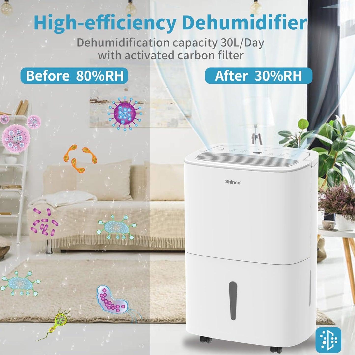 SHINCO 50L Wifi Electric Dehumidifier with App & Pump, 165 m³/55 m², Dehumidifier with 7L Water Tank, Activated Carbon Filter, Energy Saving, Automatic...