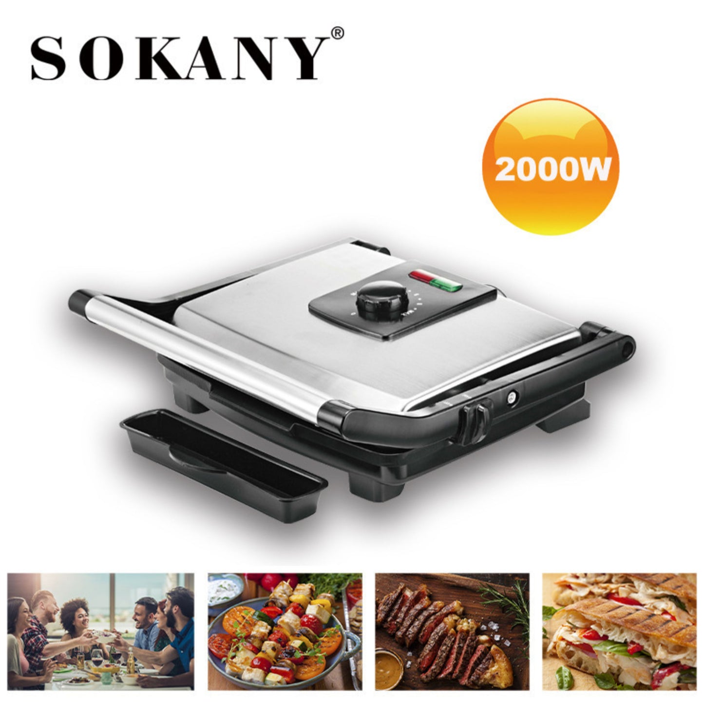 SOKANY  Electric Grill with 2000W Power and Non-Stick Coated Plates