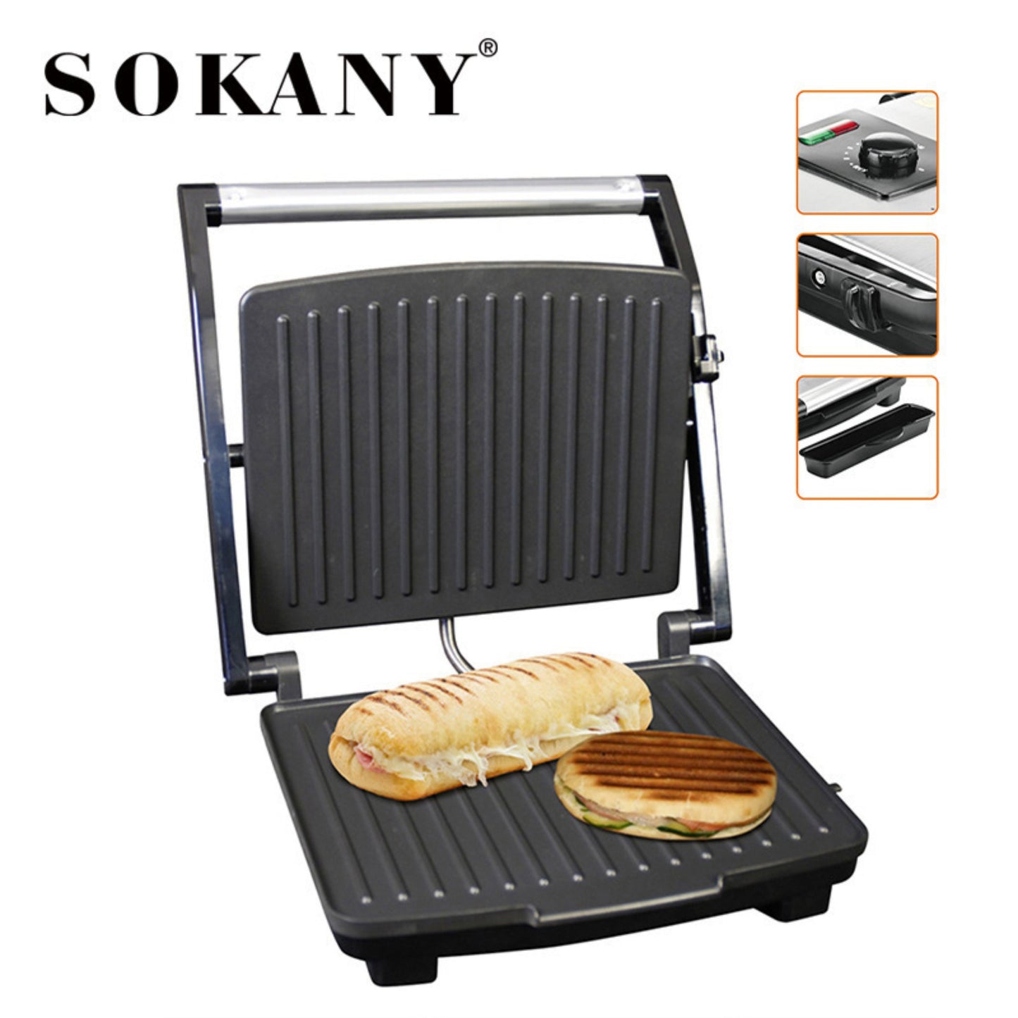 SOKANY  Electric Grill with 2000W Power and Non-Stick Coated Plates