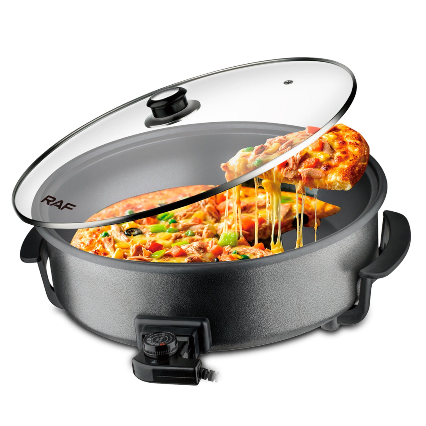 RAF Household Multipurpose Pizza Pan 1500w Easy to Clean Knob Control Non Stick Coating Frying Pan