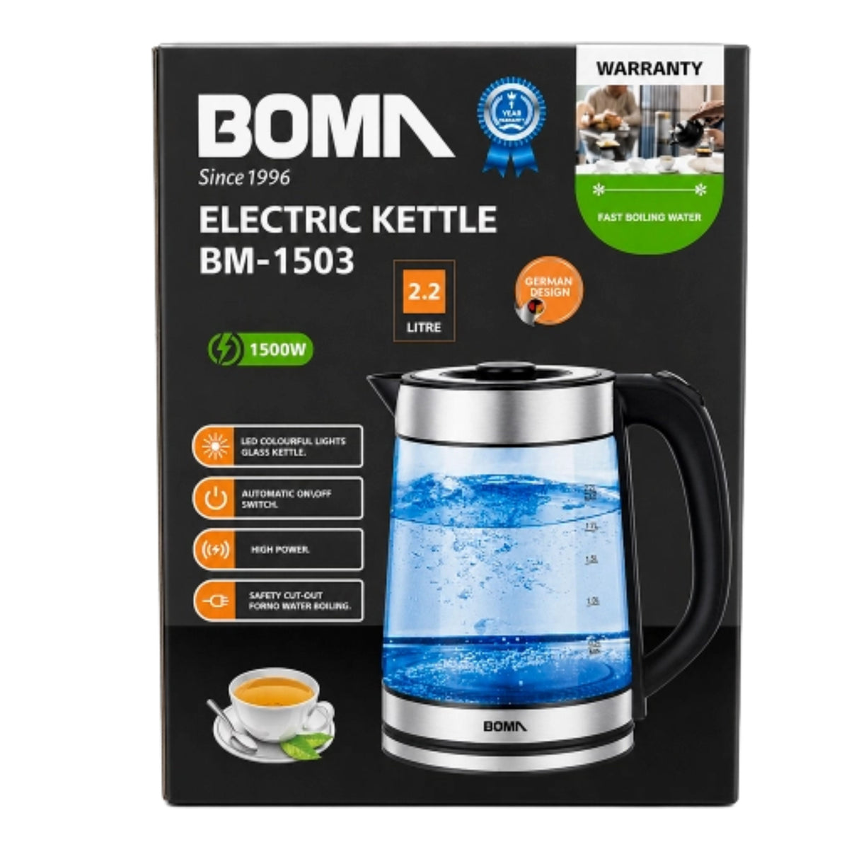 BOMA  Electric Kettle – 2.2 L, 1500 W, Glass Body with LED Lighting