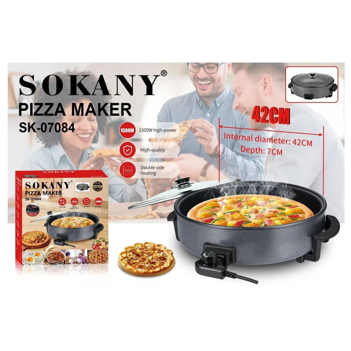SOKANY Pizza Maker, 1500W Electric Non-Stick 42cm Multi Cooker Pan