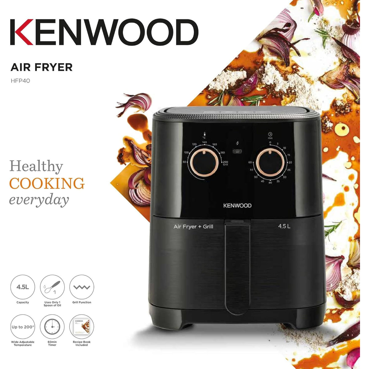 KENWOOD Airfryer + Grill XL 4.5L 1300W Air Fryer with Grill Function, Recipe Book, Rapid Hot Air Circulation for Frying, Grilling, Broiling, Roasting,...