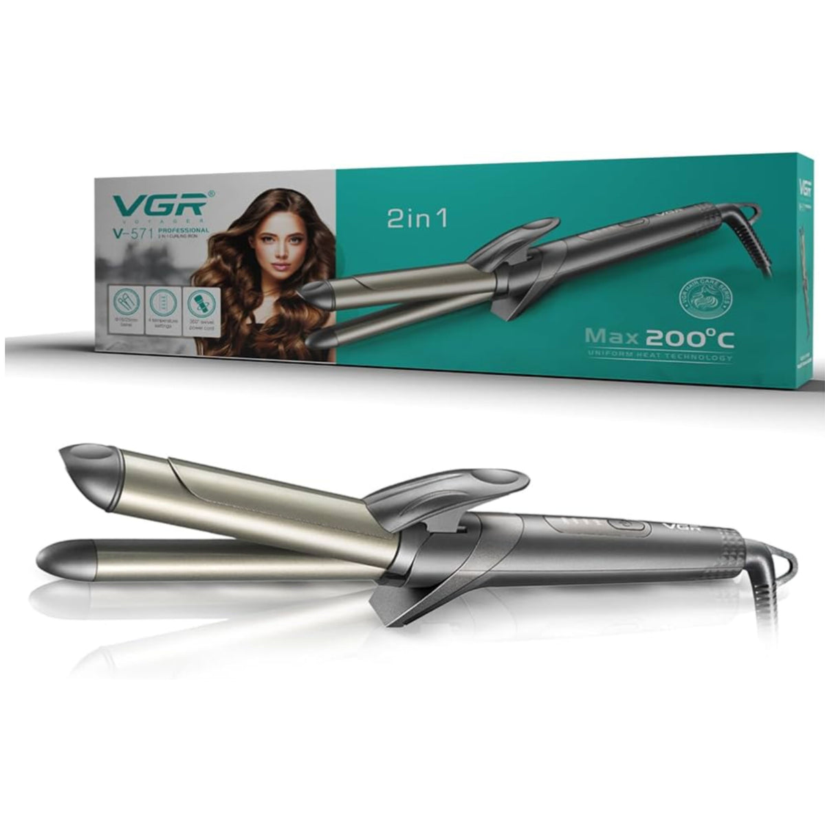 VGR V-571 Professional 2-IN-1 Hair Curling Iron Dual 16/25mm Ceramic Barrel 200°C Max Temp with 4 Heat Settings Uniform Heat Tech, LED Indicator & 360° Swivel Cord