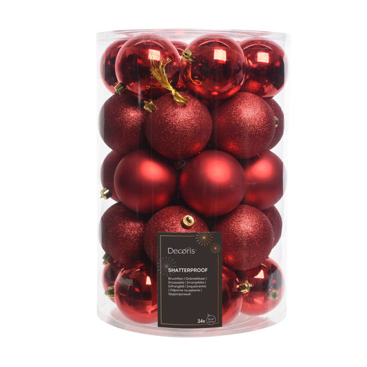 Baubles shatterproof shiny, matt, glitter mix 34pcs 8cm - Red