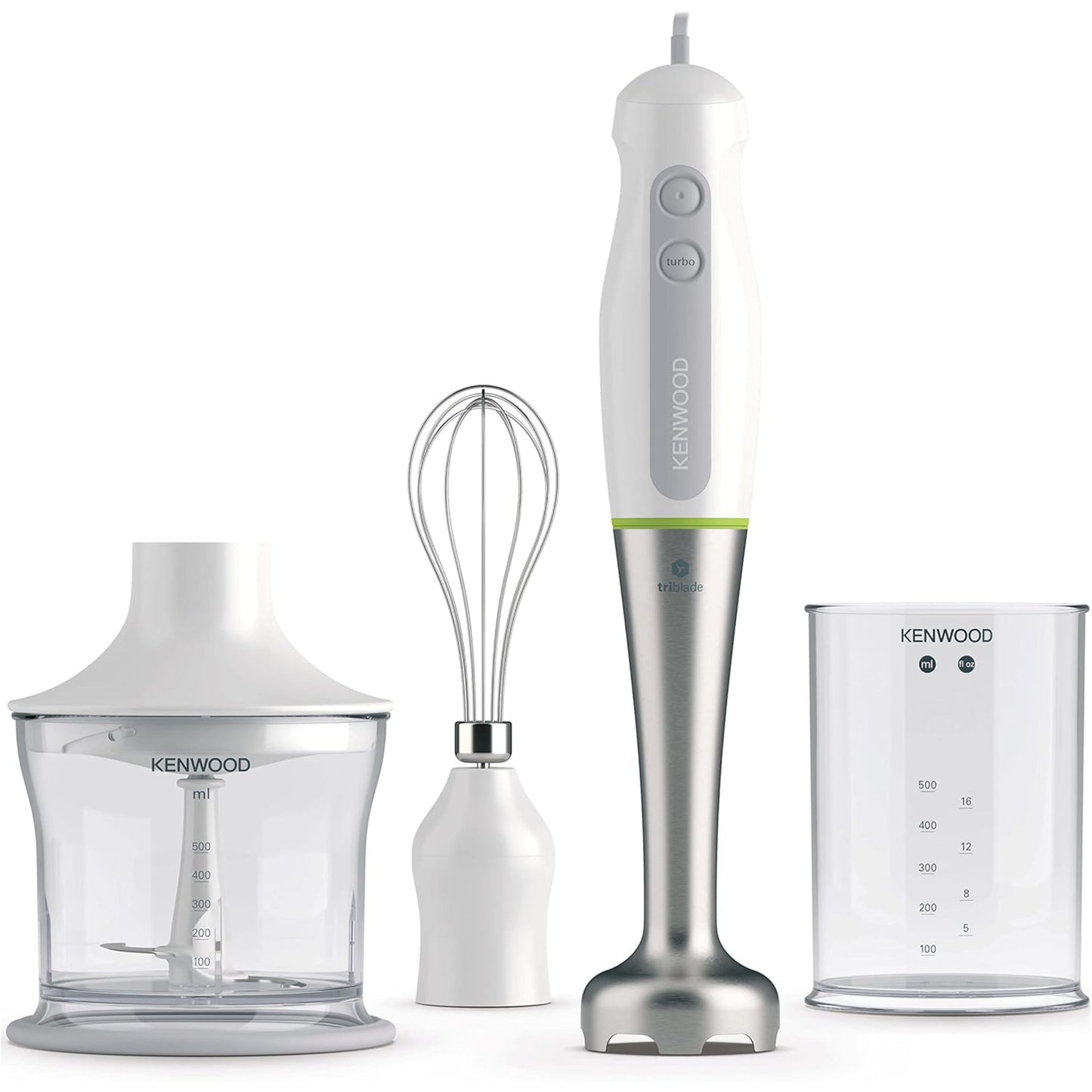 Kenwood Hand Blender, Stainless Steel Wand, 700W, 0.5L Chopper, 0.5L Beaker, Whisk, Turbo Function, Triblade Technology, , White