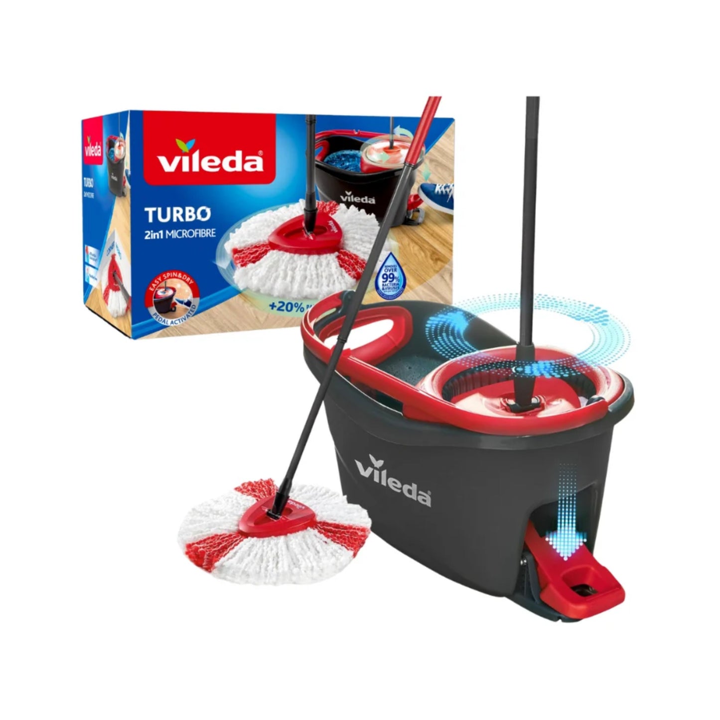 Vileda SKU Vileda Turbo Rotating Mop Bucket Set with Foot Pedal |Telescopic Handle 85 – 123 cm | Floor mop with spinning wringer | Turbo 2in1 Microfibre Mop Head