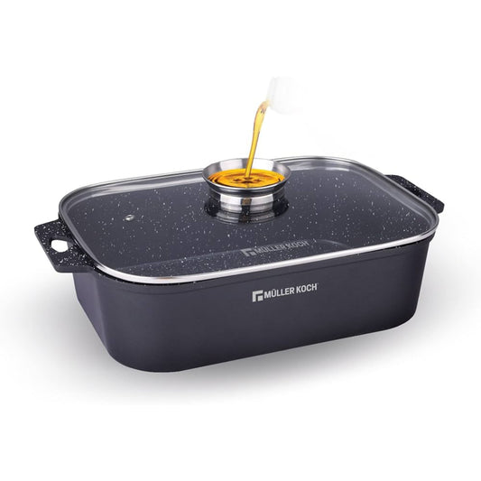 Müller Kitchen Rectangular Roasting  tray with Aroma Lid (35cm, Die-Cast Aluminum, Nonstick Coating, German Technology)