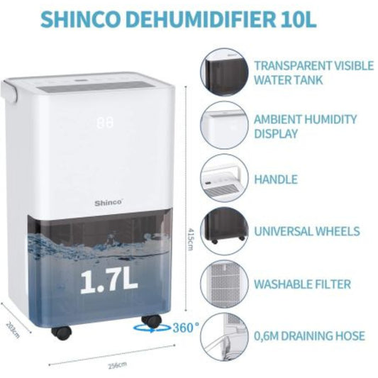 SHINCO Silent humidifier 10L/day, for max 15㎡, dehumidification function, purification, drying, 24 hours timer, clear water tank,