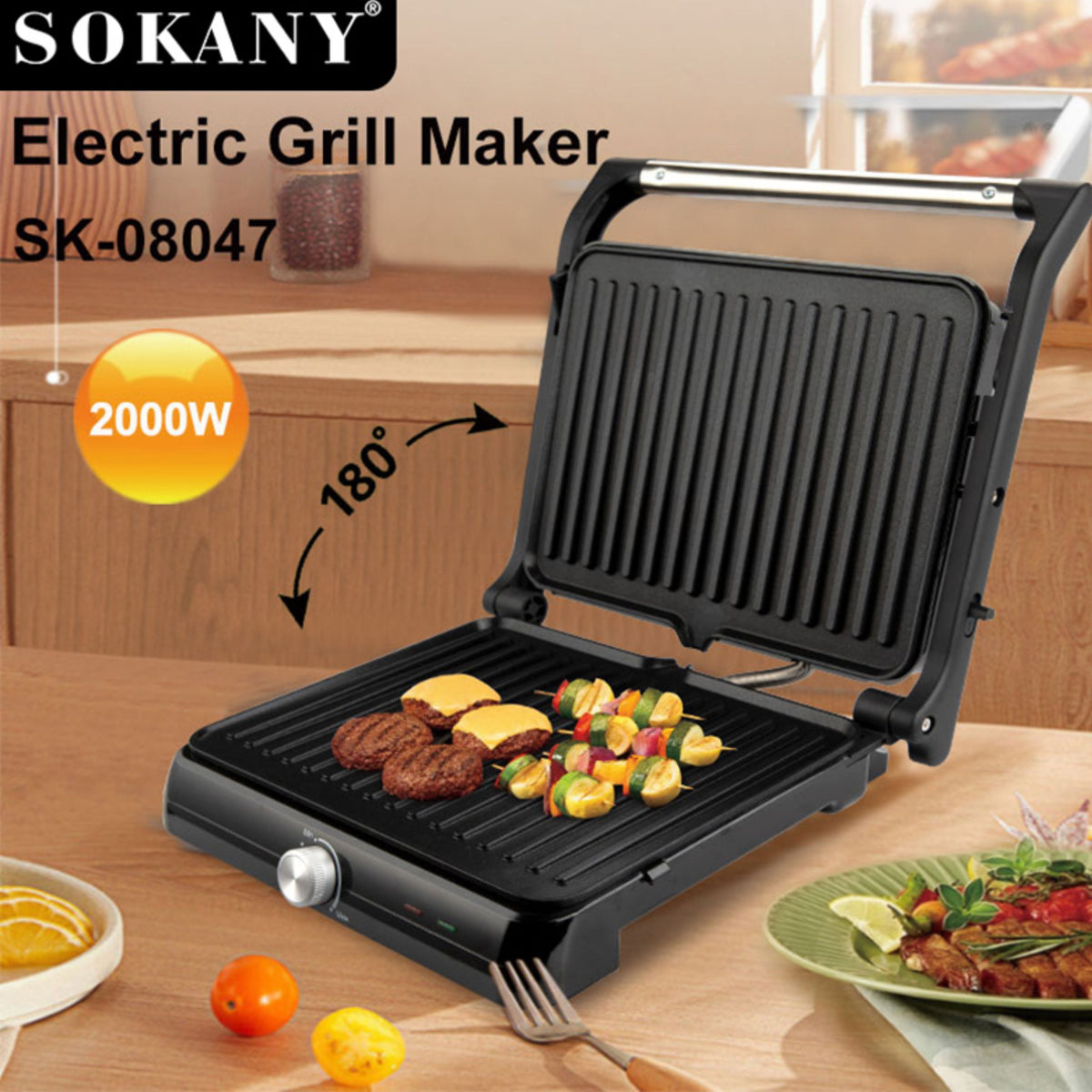 SOKANY Temperature-Adjustable Electric Grill Maker with Non-stick Teflon Coating and Skid-resistant Feet