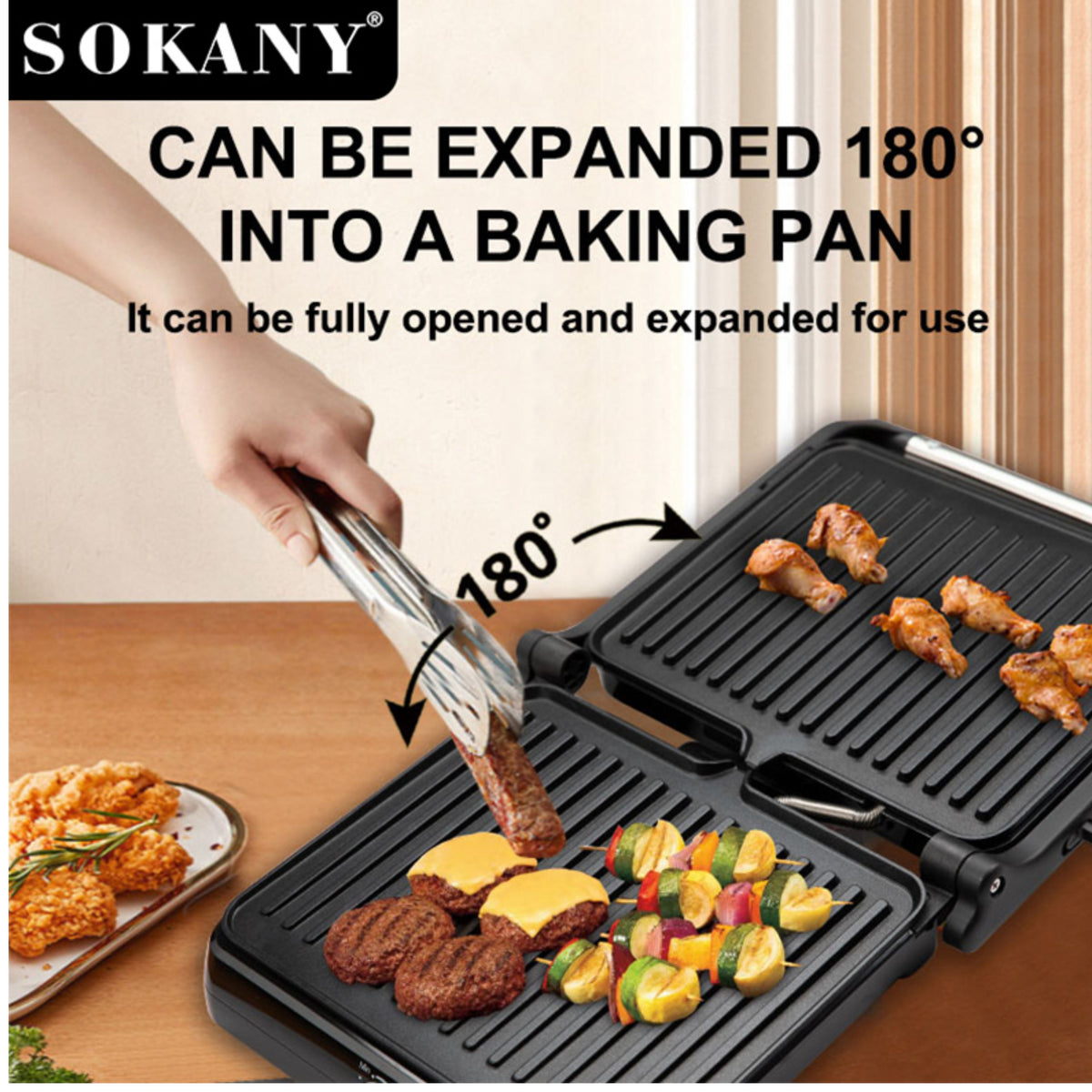 SOKANY Temperature-Adjustable Electric Grill Maker with Non-stick Teflon Coating and Skid-resistant Feet