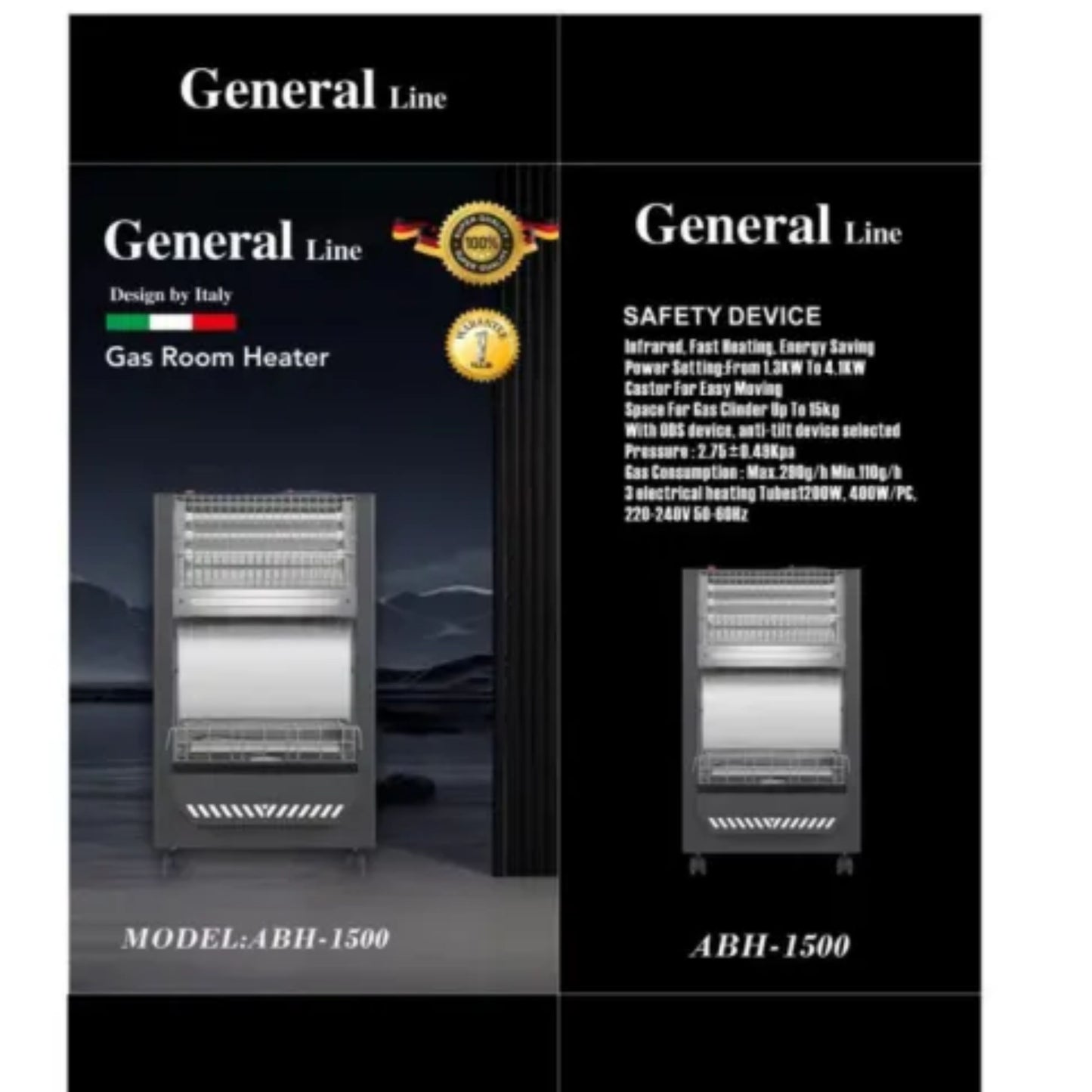 General Line – Gas Heater with Electric Quartz element. 1200W. 400W pc, infrared fast heating)