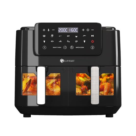 LLIVEKIT 9L Hot Air Fryer, 2 Chambers with Viewing Window, XXL Oven without Oil, Airfryer 9-in-1, Hot Air Oven with Touch Screen, Timer Function