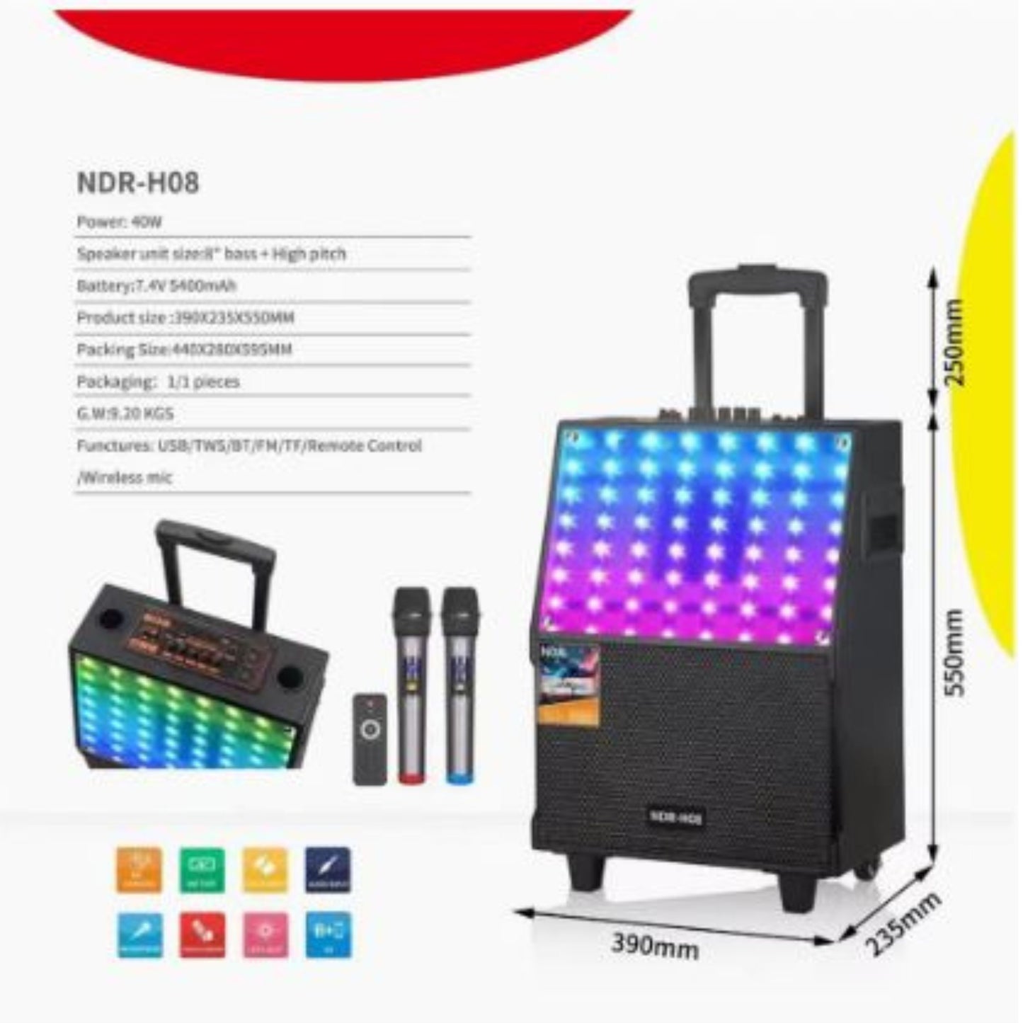 Ndr Speakers Portable Karaoke Speakers with Frame Lighting Wireless Trolley System Battery Power Home Party Speakers
