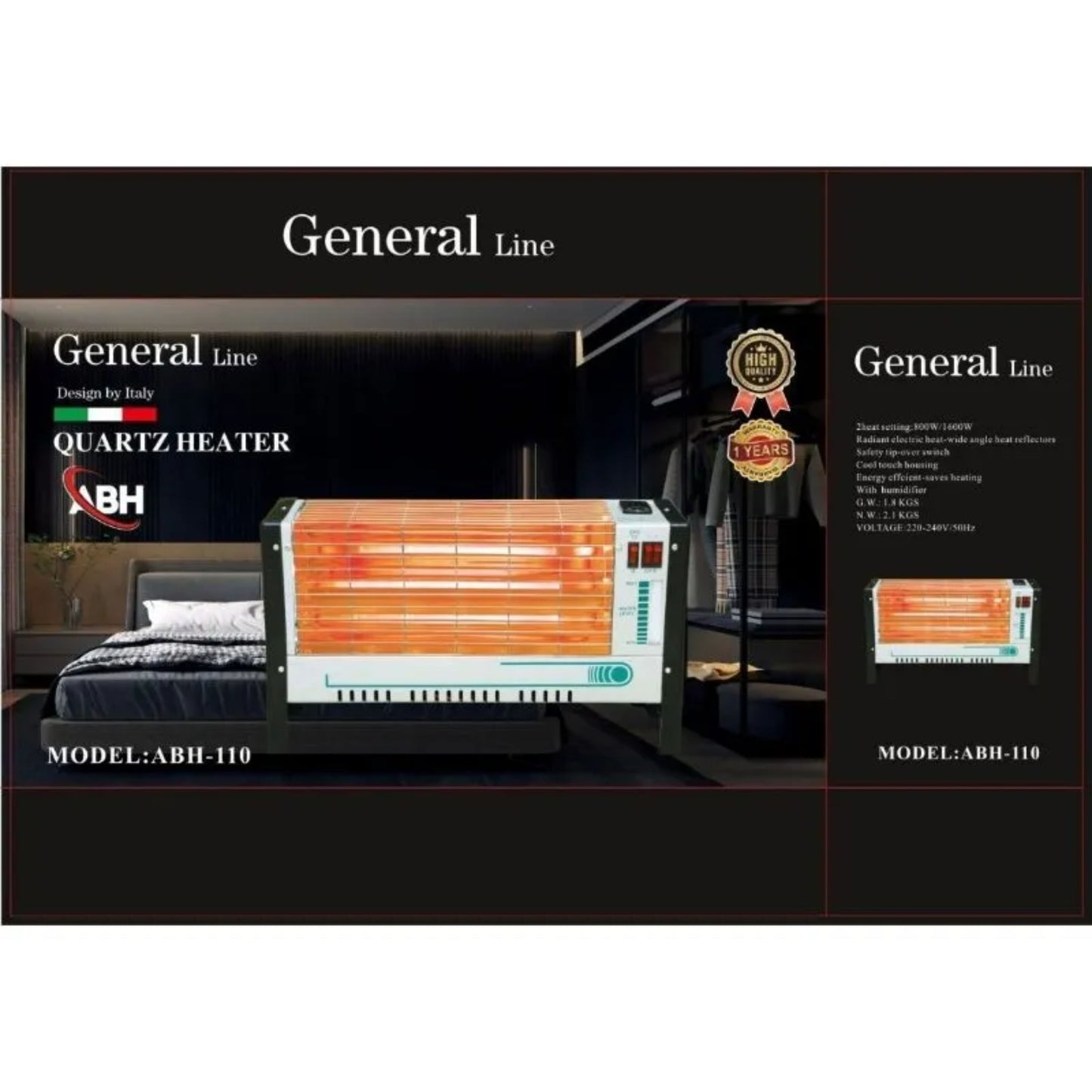 General Line – quartz heater with 2 heating settings 800W/1600W, radiant electric heat-wide angle heat reflectors