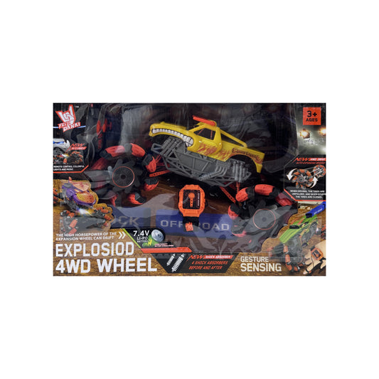 Remote Control Monster Car Explosion 4WD Wheel Colorful Lights And Music 2.4GHz Yellow With Horns