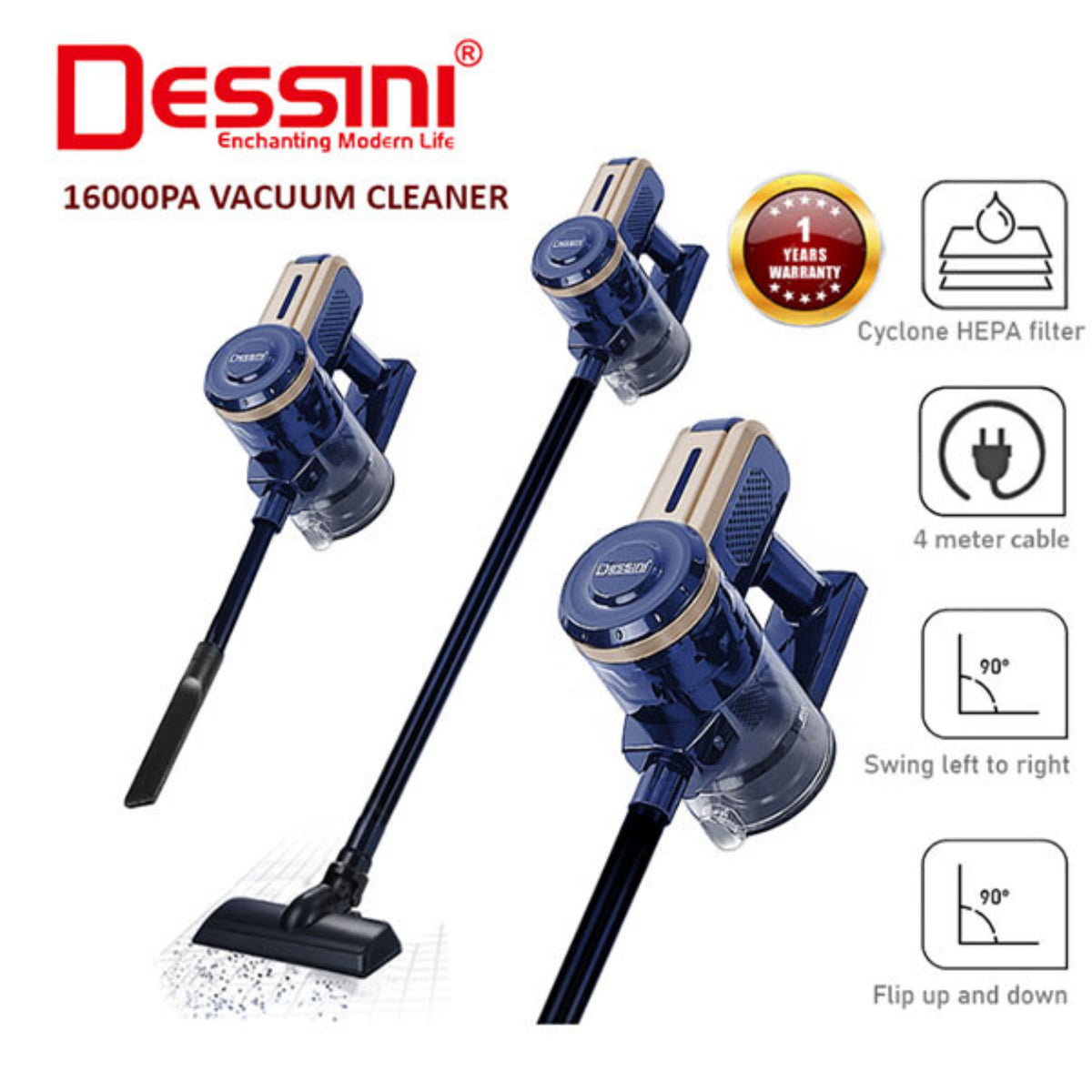 Dessini DS-6685 Cordless Stick Vacuum Cleaner – 1200W Power, 16,000 Pa Strong Suction, Smart Inverter Motor, Ultrasonic Blades, and Efficient Cleaning