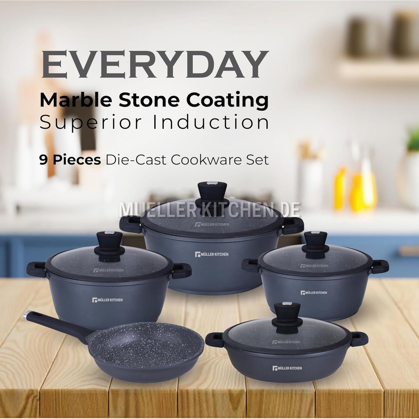 Müller Kitchen  9-Piece Marble Coated Induction Cookware Set - BLACK