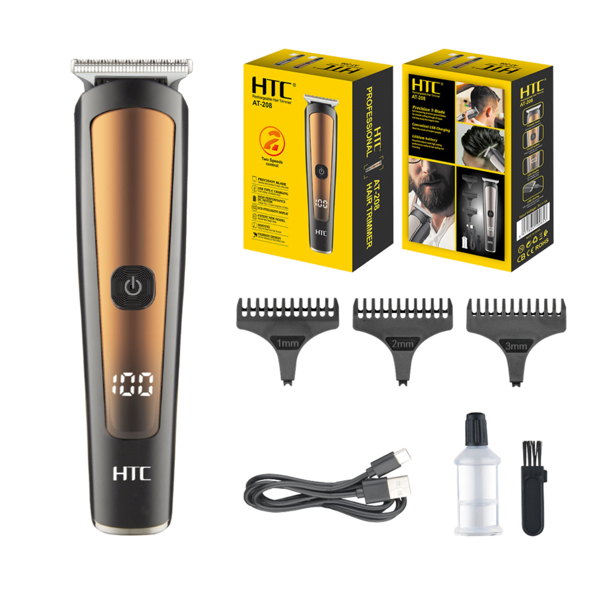 HTC AT-208 DC Motor Hair Trimmer Precision Blade Shaving Hand Hair Clippers LCD Display Type-C Hair Cutting
