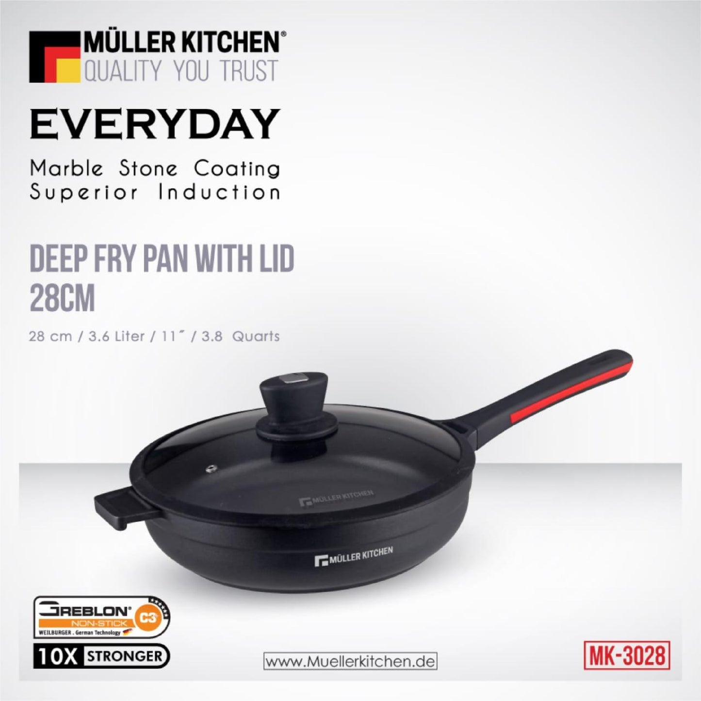 Müller Kitchen Non-Stick Induction Frying Pan with Lid, 28 cm, 3.6 Litres