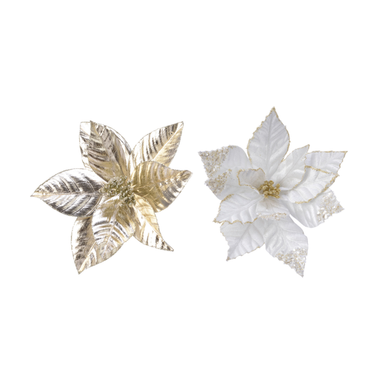 Poinsettia on clip polyester glitter with spangles with plastic flowerhead H.5cm  D.27cm