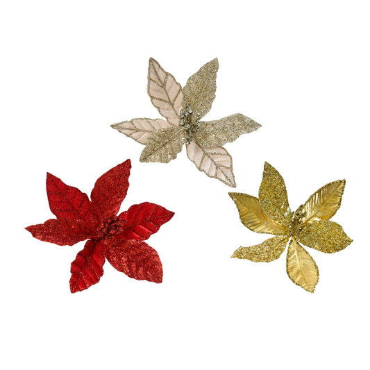 poinsettia on clip polyester  velvet small berries  center w glitter H.17cm  D.24cm