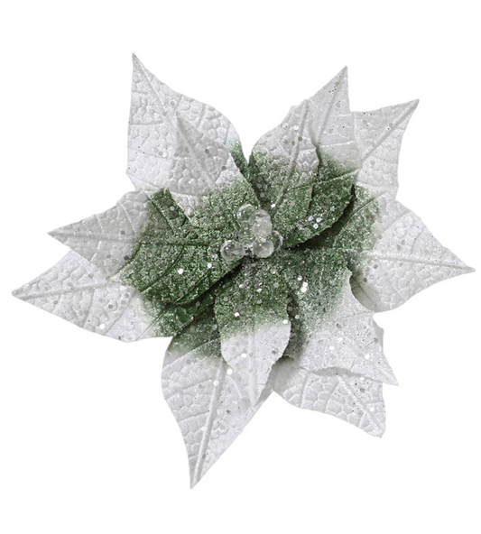 Poinsettia  on clip polyester velvet plastic bead center w glitter sparkle on petal H.16cm  D.28cm
