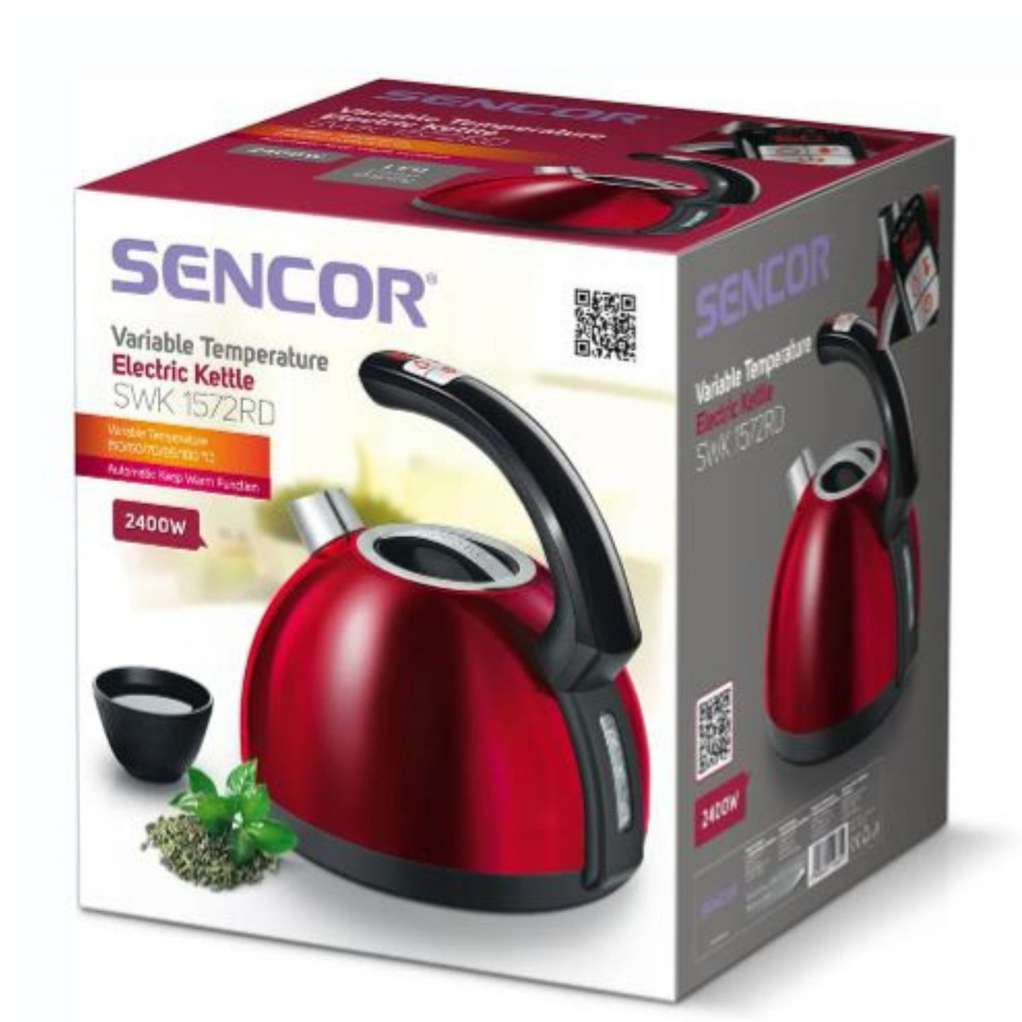 Electric Kettle with Display and Power Cord Base, Red (Metallic) 1.5L-