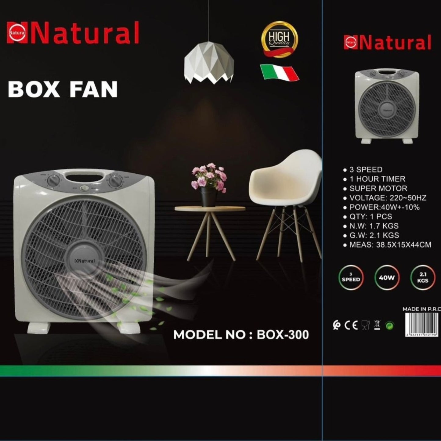 Natural, Square Box Fan with round corners 3 Speed 40W