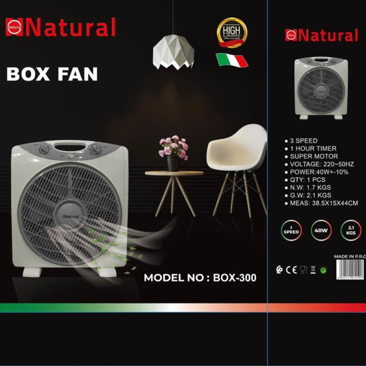 Natural, Square Box Fan with round corners 3 Speed 40W