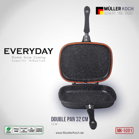 Müller Kitchen  Double Frying Pan, German Marble Granite Non-Stick Die-Cast Aluminium, PFOA Free, Scratch Resistance, 32 cm, Black