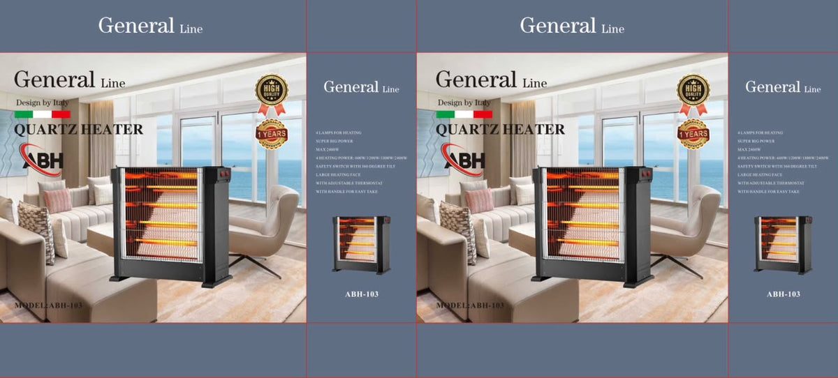 General Line Sun Heater, Oscillating , 2 heating settings 650w/1100w, 1 hour timer wide heat distribution, remote included
