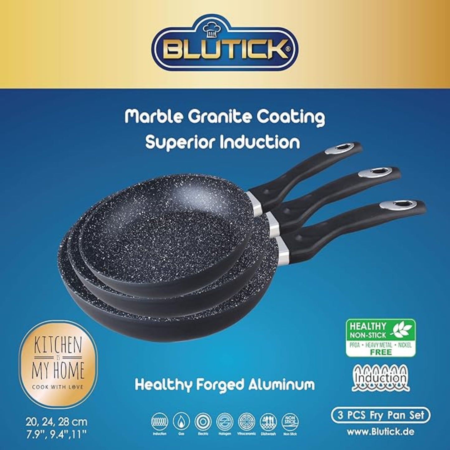 Blutick Forged Aluminum Marble Granite Nonstick Coating Fry Pan Set 3 Pcs - Black