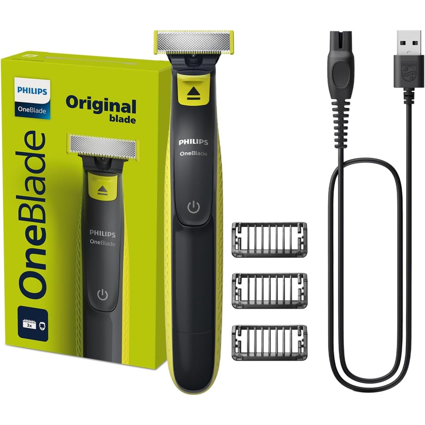 Philips OneBlade | Trim, Edge &amp; Shave Any Length of Hair | 3 Stubble Combs, Dual-Sided Blade | Wet &amp; Dry Use, 45min Cordless Use