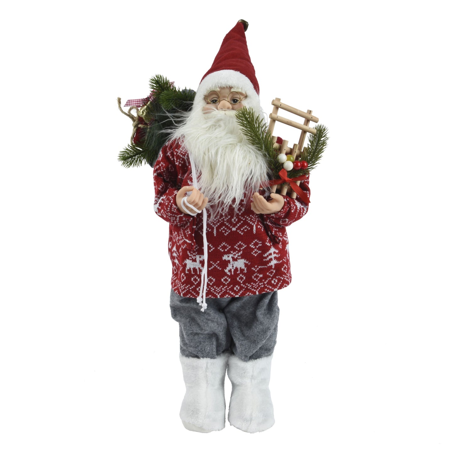 Santa polyester plastic body  with red sweater  60cm  with pant with christmas hat present with green branch with gift bag, sleigh with branch with berry with bow, glasses