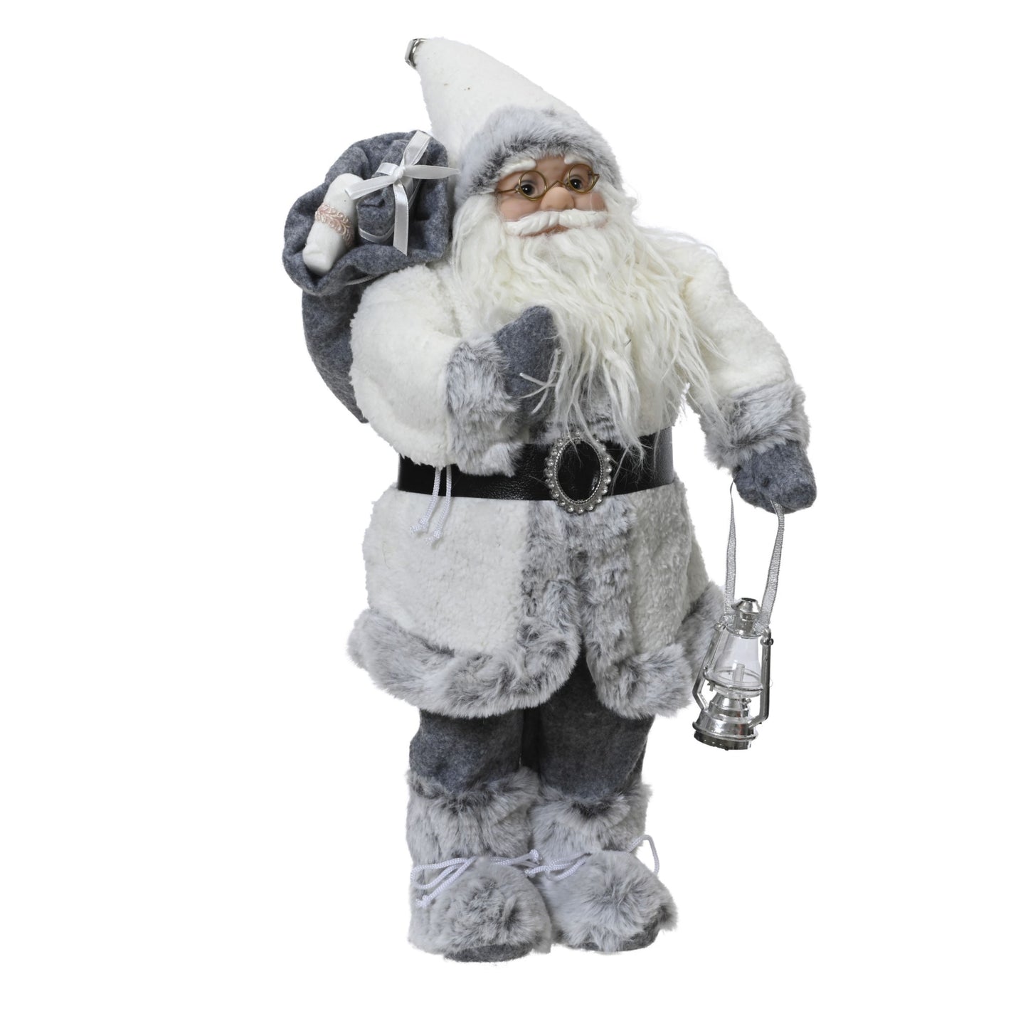 Santa polyester  body with white coat with christmas hat present with gift bag, silver lantern, glasses 60cm
