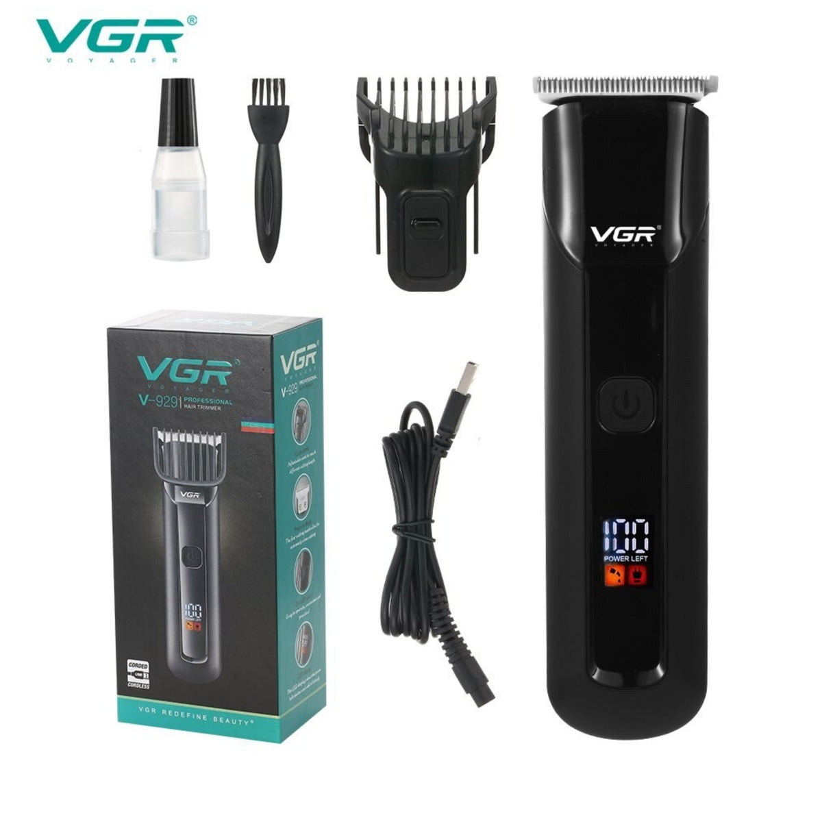 VGR  Professional Rechargeable Hair Trimmer with LED Display (Black)
