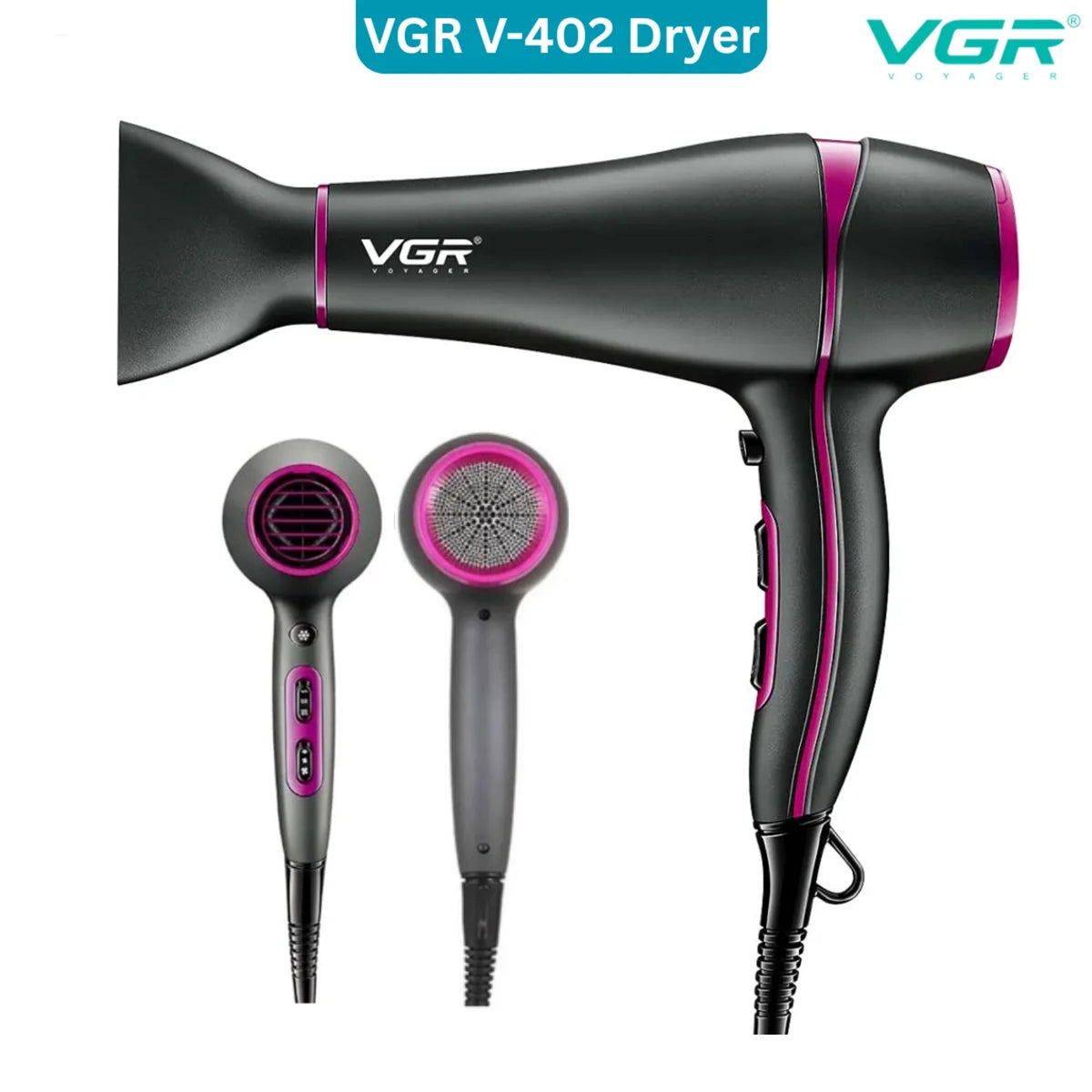 Vgr Professional Hair Dryer V402 - With Diffuser, Gray With Pink 2200W 3 Heating Settings