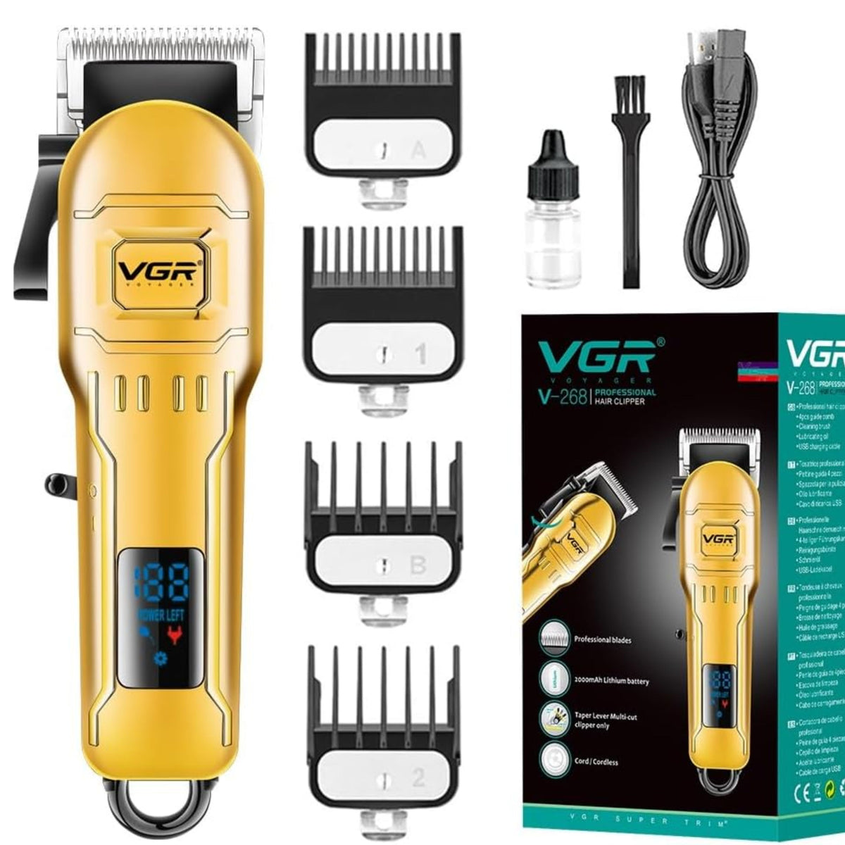VGR  Salon Series Professional Digital Display Cordless Hair Clipper Stainless steel Blade USB charging 4 adjustable Taper Lever 4 attachable Guide...