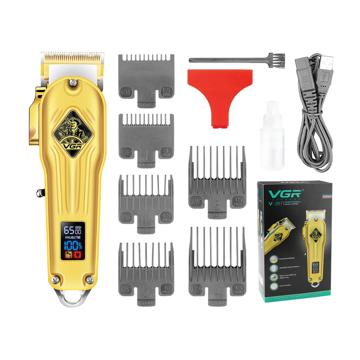 VGR  rechargeable hair clippers men professional electric cordless metal hair trimmer clipper with LED display