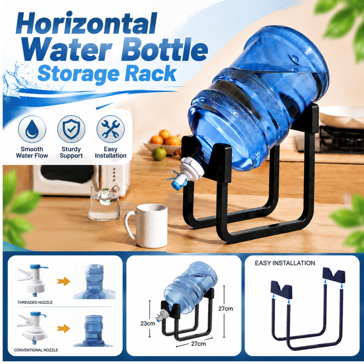 Horizontal Water Bottle Storage Rack with Manual Pump Tap U Shaped Metal Dispenser Stand for Large Drinking Water Bottles Kitchen Home and Office
